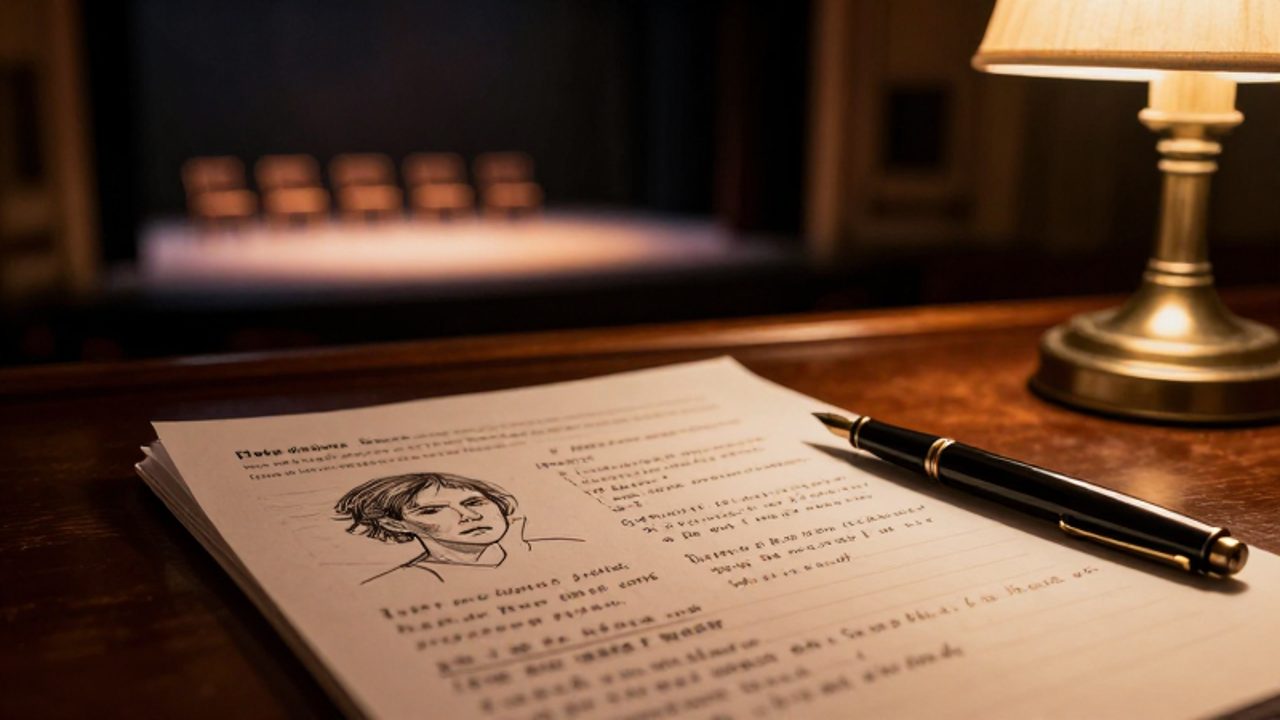 Perfil de personaje escrito a mano junto a una pluma sobre un escritorio, con un escenario de teatro iluminado al fondo.