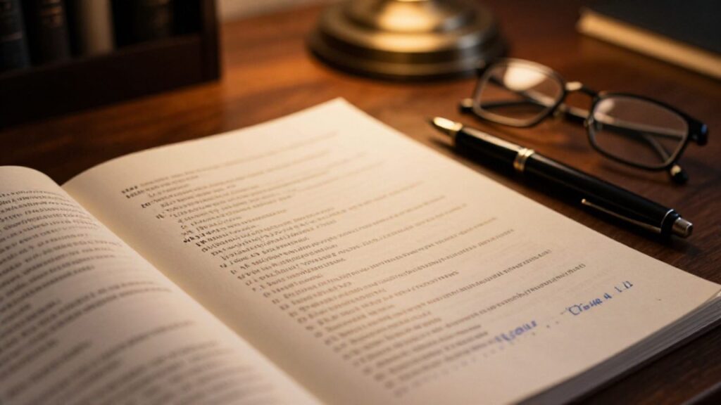Guion teatral impreso sobre un escritorio de madera con anotaciones manuscritas, una pluma y gafas de lectura.