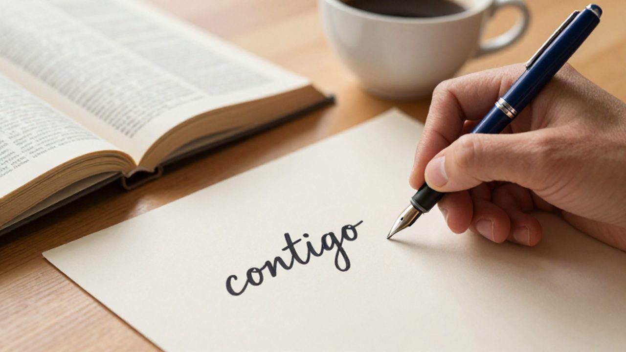 Una mano escribe la palabra "contigo" en cursiva sobre un papel sobre un escritorio con un diccionario y una taza de café.