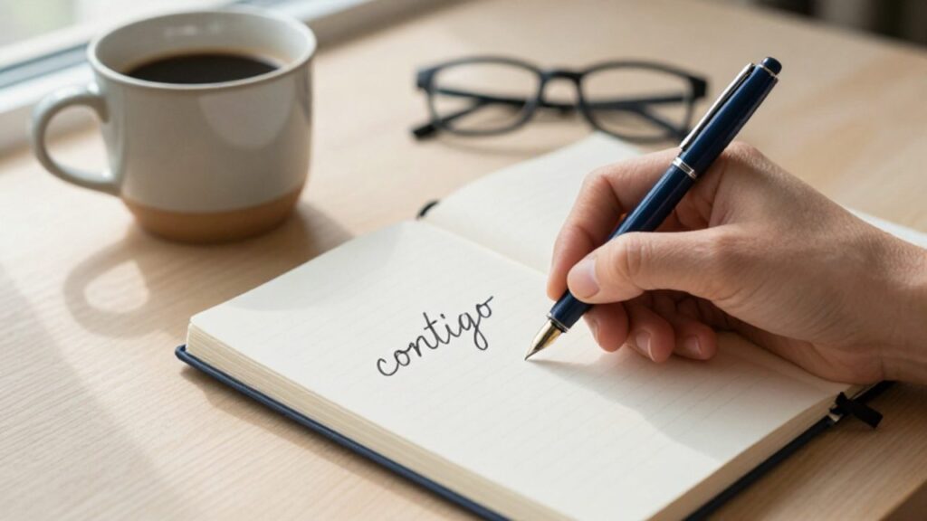 Una mano escribe la palabra «contigo» con pluma estilográfica en un cuaderno sobre un escritorio ordenado.