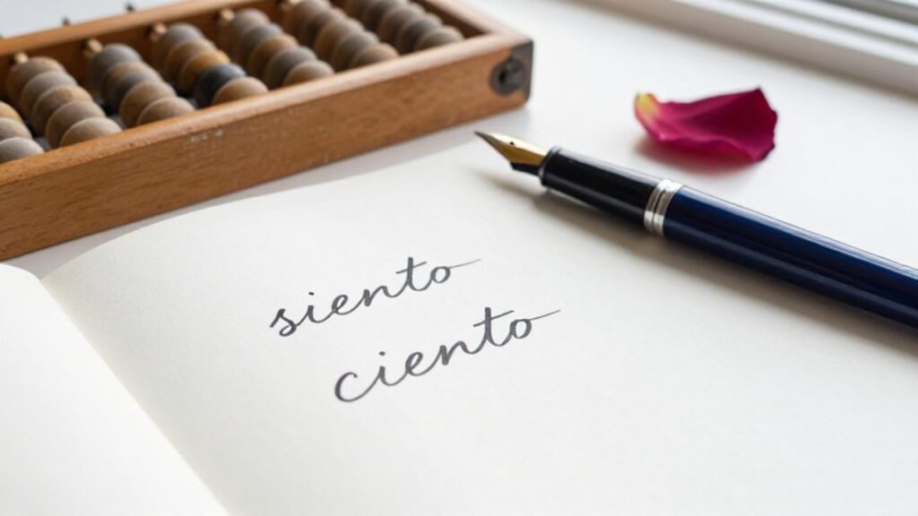 Palabras escritas a mano, "siento" y "ciento", sobre un escritorio minimalista junto a un ábaco de madera y un pétalo de rosa.