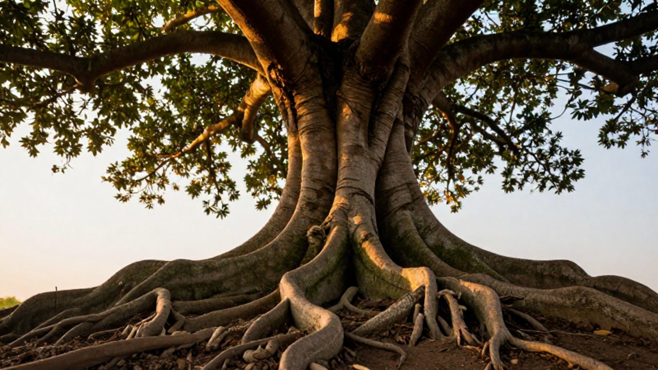 Primer plano de un árbol majestuoso que muestra la transición desde sus raíces profundas en la tierra hasta sus ramas extendidas hacia el cielo.