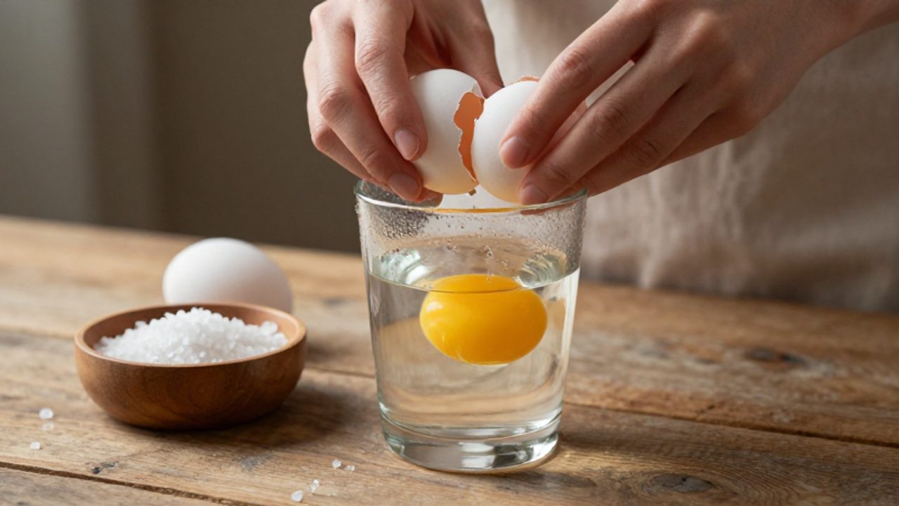 Manos rompiendo un huevo blanco sobre un vaso de agua clara en una mesa de madera junto a un cuenco con sal marina.