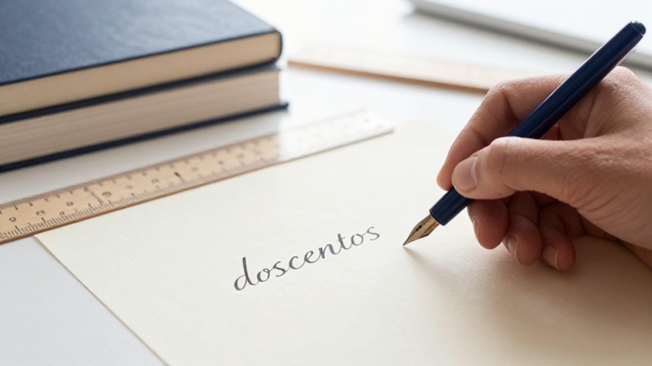 Una mano escribe la palabra "doscientos" con pluma estilográfica sobre un papel de textura fina en un escritorio ordenado.