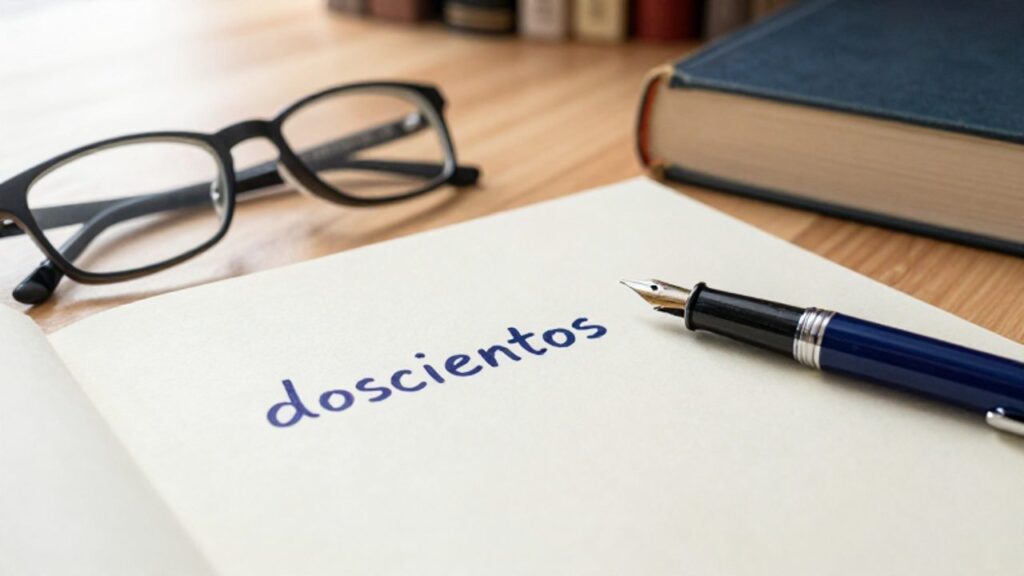 Pluma fuente y gafas sobre un escritorio de madera junto a la palabra "doscientos" escrita en papel crema.
