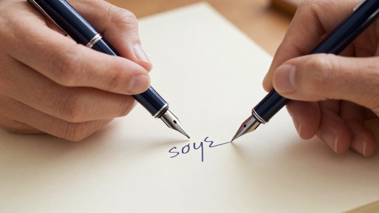 Una mano escribe la palabra correcta "sois" con una pluma sobre papel, tachando la forma incorrecta "soys".