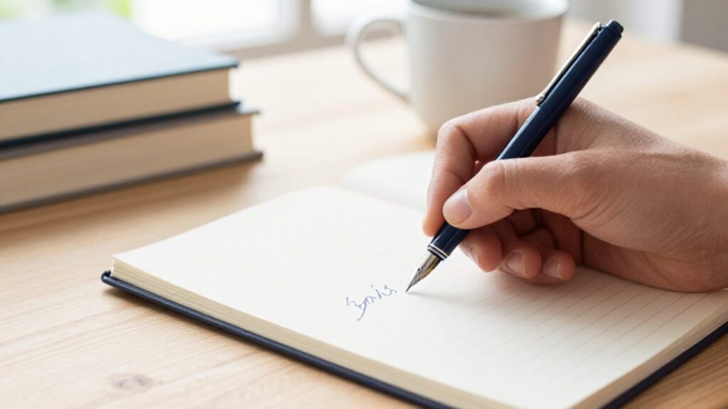 Una mano escribe la palabra "sois" con pluma estilográfica en un cuaderno sobre un escritorio de madera.