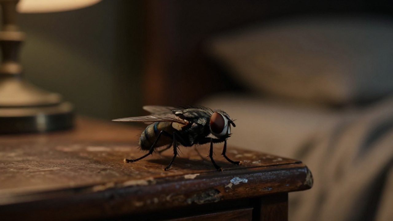 Una mosca de gran tamaño posada sobre una mesa de noche de madera en una habitación en penumbra.