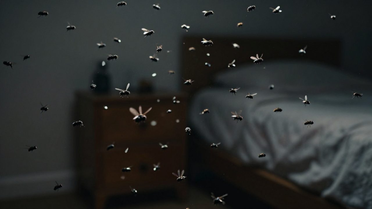 Un denso enjambre de moscas revolotea de forma caótica en el aire de un dormitorio en penumbra.