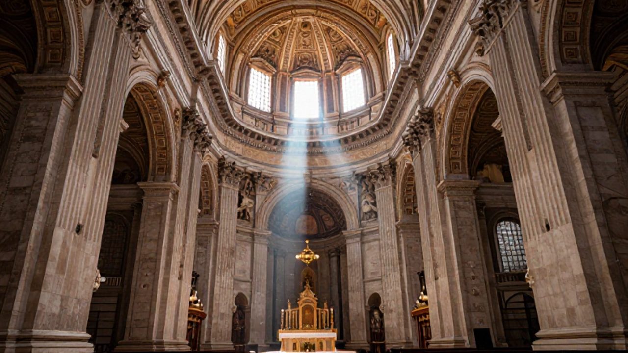 Vista interior de una basílica con una nave central amplia, columnas de piedra y un altar iluminado por rayos de luz solar que entran por las ventanas altas.