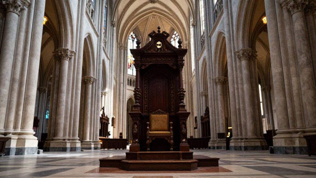 Un trono episcopal de madera tallada destaca en el centro de una catedral europea con techos altos, columnas de mármol y luz filtrada por vitrales.