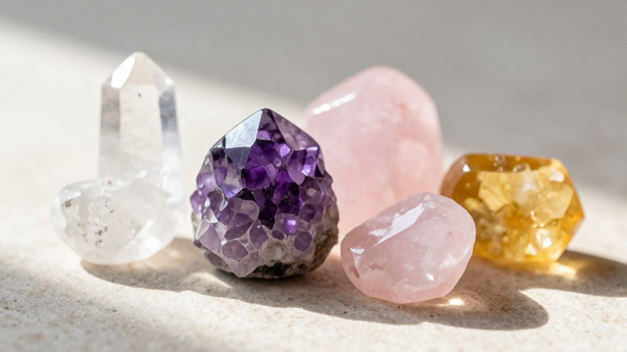 Colección de cristales de cuarzo que incluye una amatista violeta, un cuarzo rosa, una citrina amarilla y un cuarzo transparente sobre una superficie de piedra.