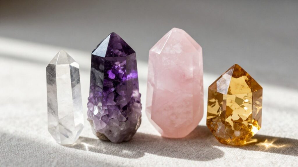 Colección de cuarzos pulidos de diversos colores, incluyendo amatista violeta, cuarzo rosa y citrino dorado, dispuestos sobre una superficie de lino neutro.