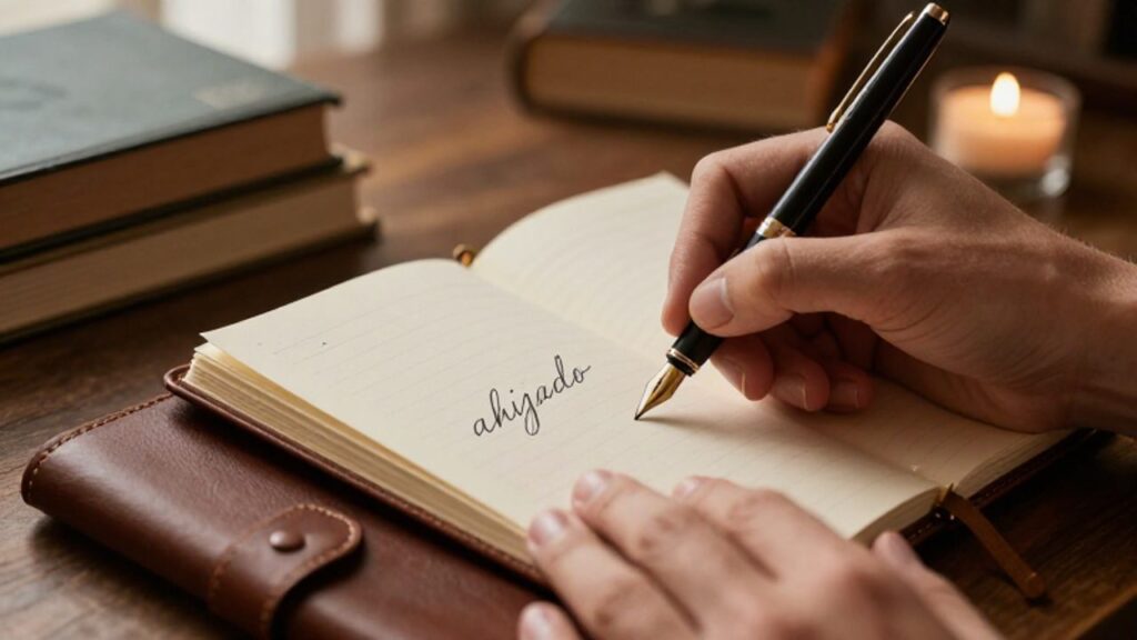 Manos escribiendo la palabra "ahijado" con caligrafía cursiva en un cuaderno de cuero.