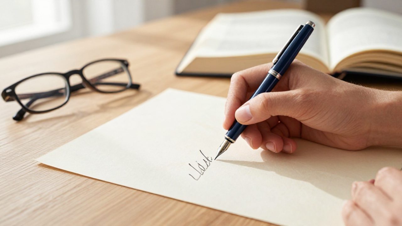 Una mano escribe con una pluma estilográfica sobre un papel pergamino en un escritorio de madera con un libro y gafas.