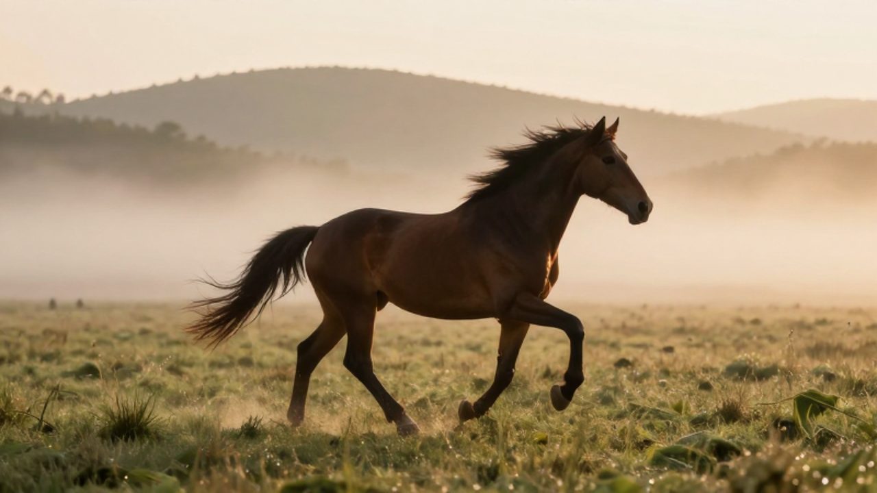 Un caballo marrón oscuro galopa con fuerza a través de una pradera neblinosa durante el amanecer.