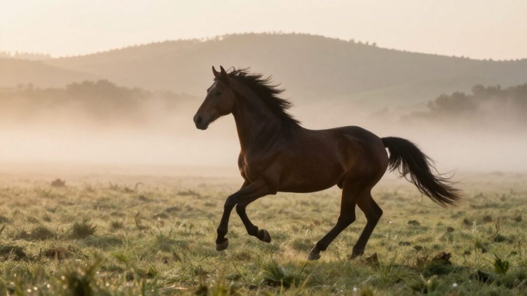 Caballo de color castaño oscuro galopando con fuerza a través de un prado brumoso al amanecer.