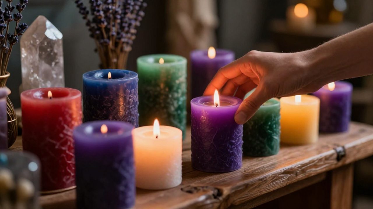 Una mano elige una vela de color morado de entre varias velas de distintos colores sobre un altar de madera con cristales y lavanda.
