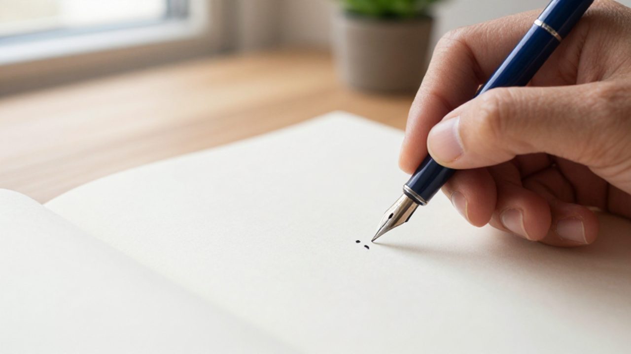 Una mano escribe con una pluma estilográfica sobre un cuaderno de papel, trazando signos de puntuación para ilustrar el uso de conectores.