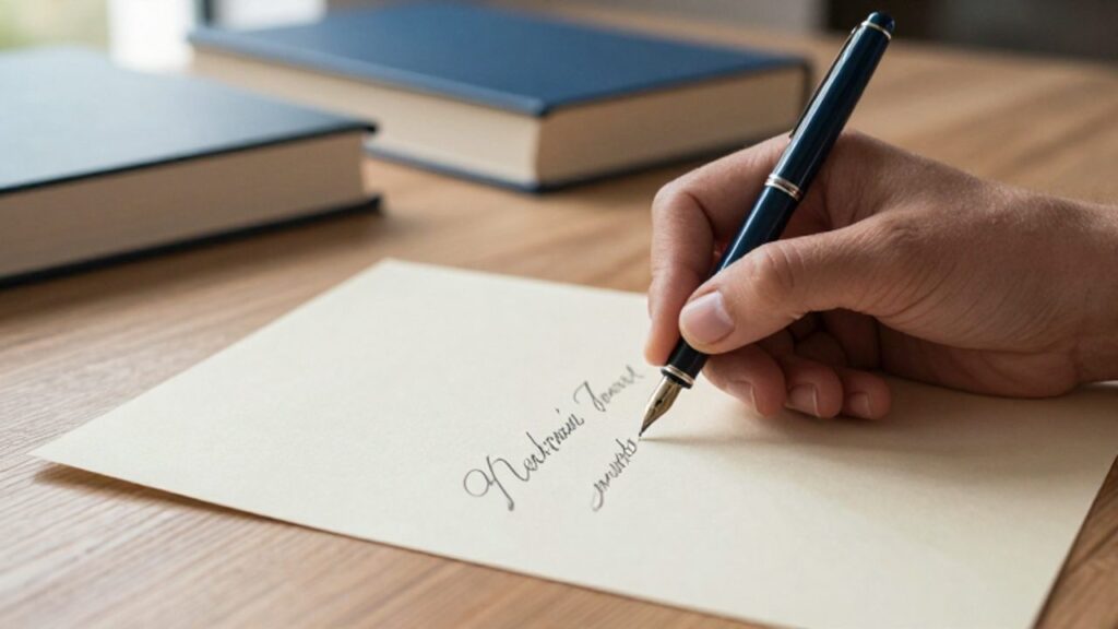 Una mano escribe con una pluma estilográfica sobre un papel de textura elegante en un escritorio de madera.
