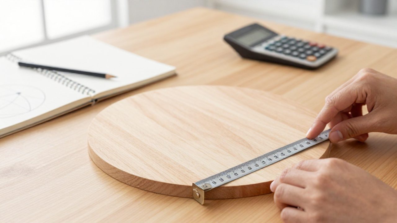 Manos midiendo el borde de una mesa circular de madera con una cinta métrica de metal sobre un escritorio de estudio.
