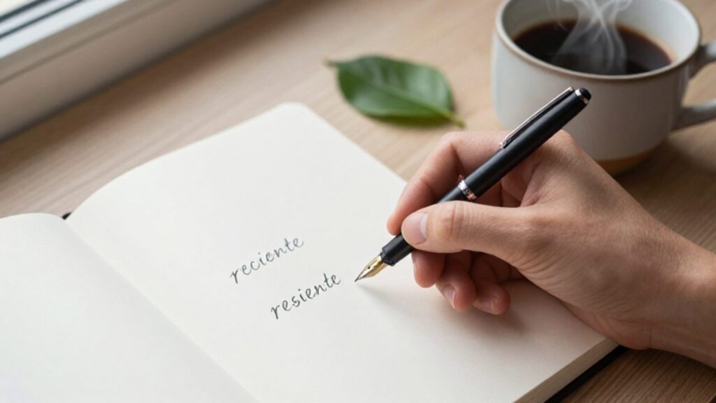 Una mano escribe las palabras "reciente" y "resiente" en un cuaderno sobre un escritorio ordenado con una taza de café.