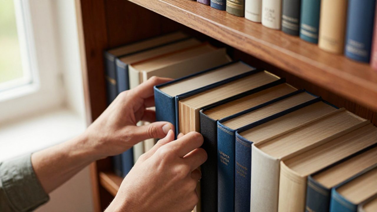 Manos organizando libros de tapa dura en una estantería de madera para mostrar la ocupación de un espacio.