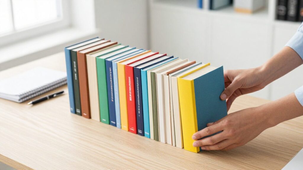 Manos acomodando con precisión un libro colorido en un estante de madera lleno de libros, ilustrando el concepto de espacio y capacidad.
