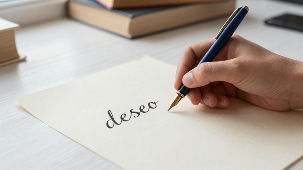 Una mano escribe la palabra «deseo» con caligrafía elegante sobre un papel de color crema utilizando una pluma estilográfica.