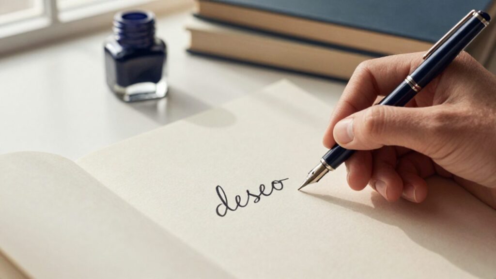 Una mano escribe la palabra "deseo" en cursiva sobre un papel de gramaje alto con una pluma estilográfica en un escritorio de estudio.