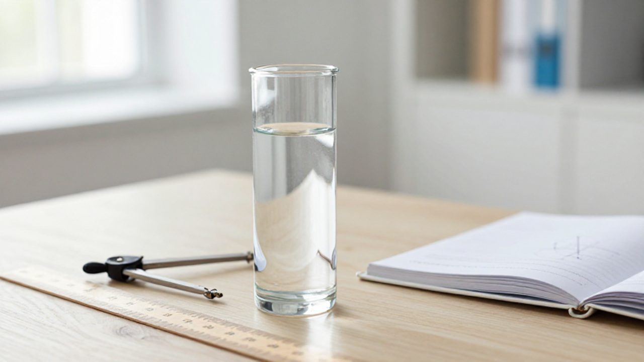 Cilindro de cristal con agua sobre un escritorio junto a un compás, una regla y un cuaderno con bocetos geométricos.