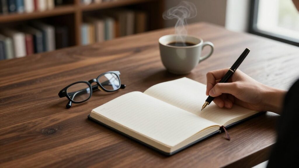 Persona escribiendo en un cuaderno con una pluma estilográfica sobre un escritorio de madera junto a una taza de café y gafas.