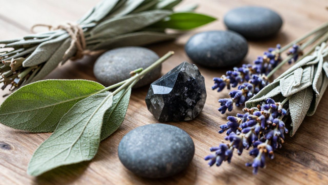 Conjunto de elementos naturales sobre una mesa de madera que incluye manojos de salvia seca, lavanda, hojas verdes y un cristal de turmalina negra.