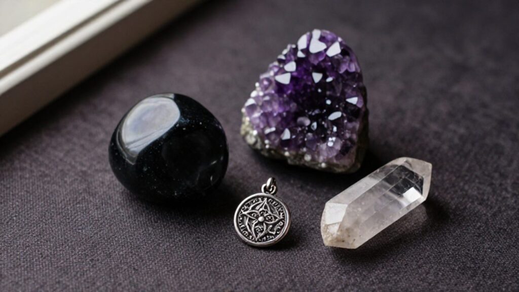 Colección de amuletos y minerales, incluyendo una mano de Fátima, amatista, turmalina negra y cuarzo sobre una superficie de lino oscuro.