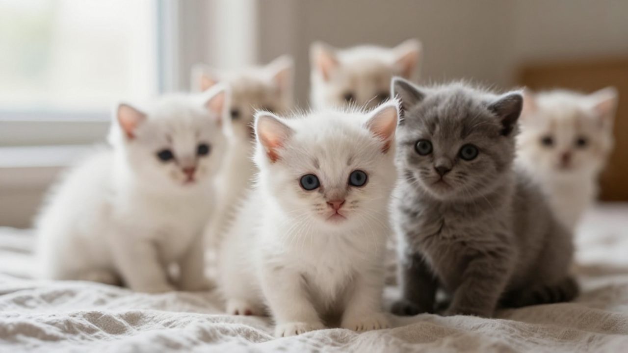 Varios gatitos pequeños de pelaje blanco y gris descansan juntos sobre una tela de lino bajo una luz suave.