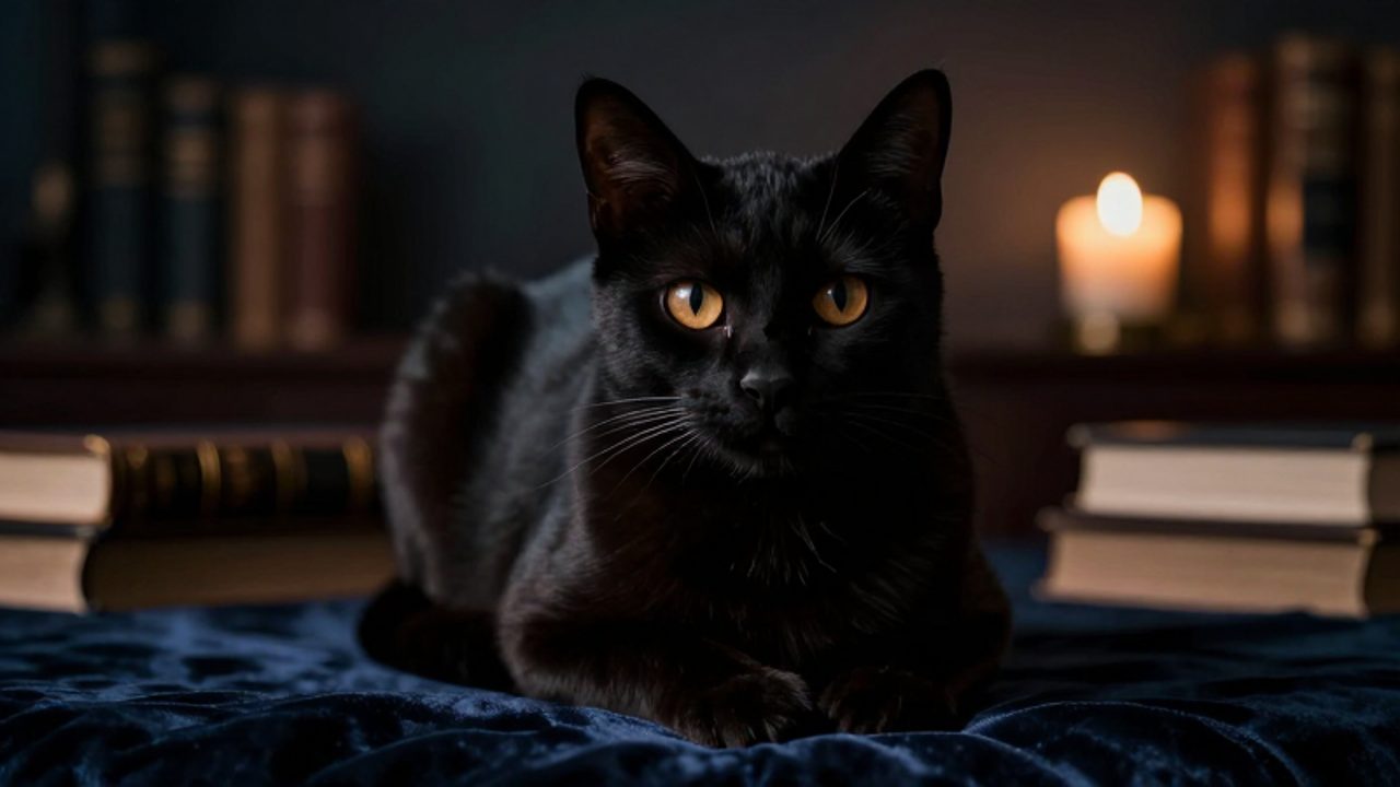 Gato de pelaje oscuro con mirada intensa y ojos ambarinos sentado en un entorno de estudio tenue y misterioso.