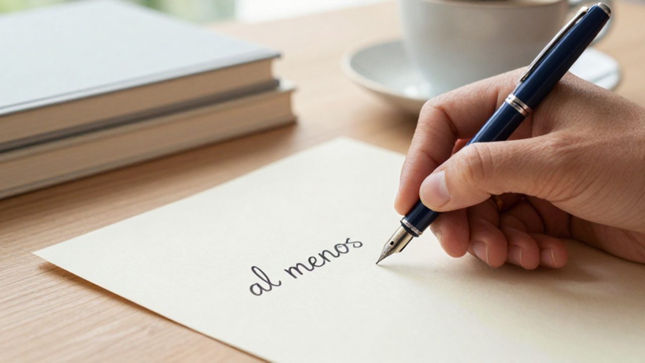 Una mano escribe la locución "al menos" con una pluma estilográfica sobre un papel de color crema en un escritorio de madera.