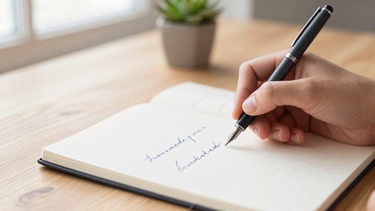 Manos escribiendo caligrafía elegante con una pluma estilográfica en un cuaderno sobre un escritorio iluminado.