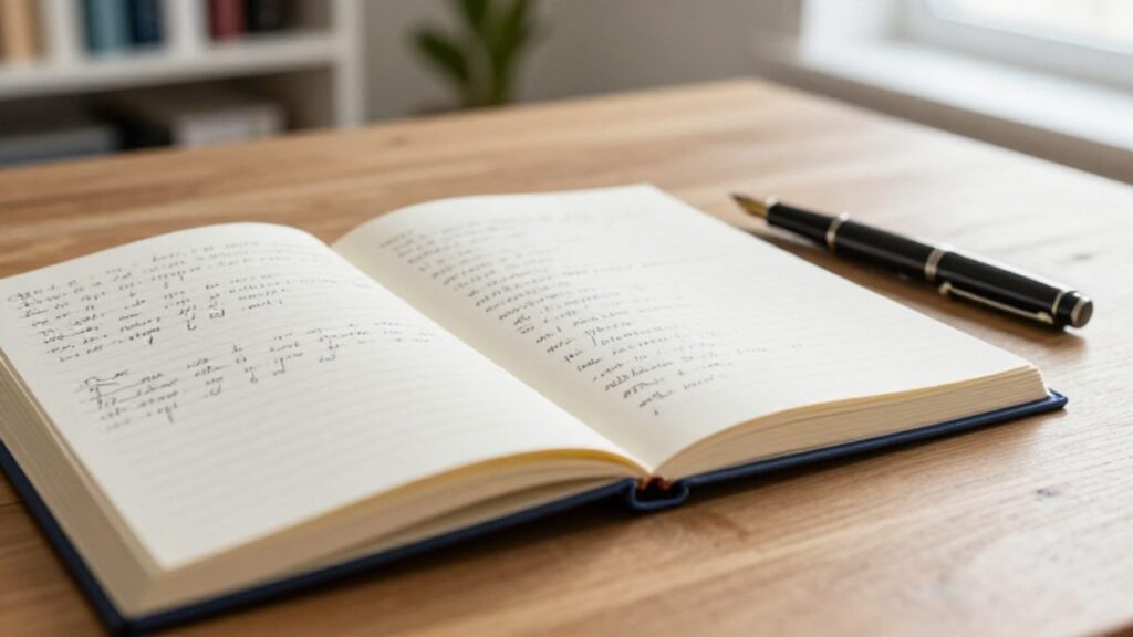 Cuaderno abierto con anotaciones manuscritas sobre gramática junto a una pluma fuente sobre un escritorio de madera.