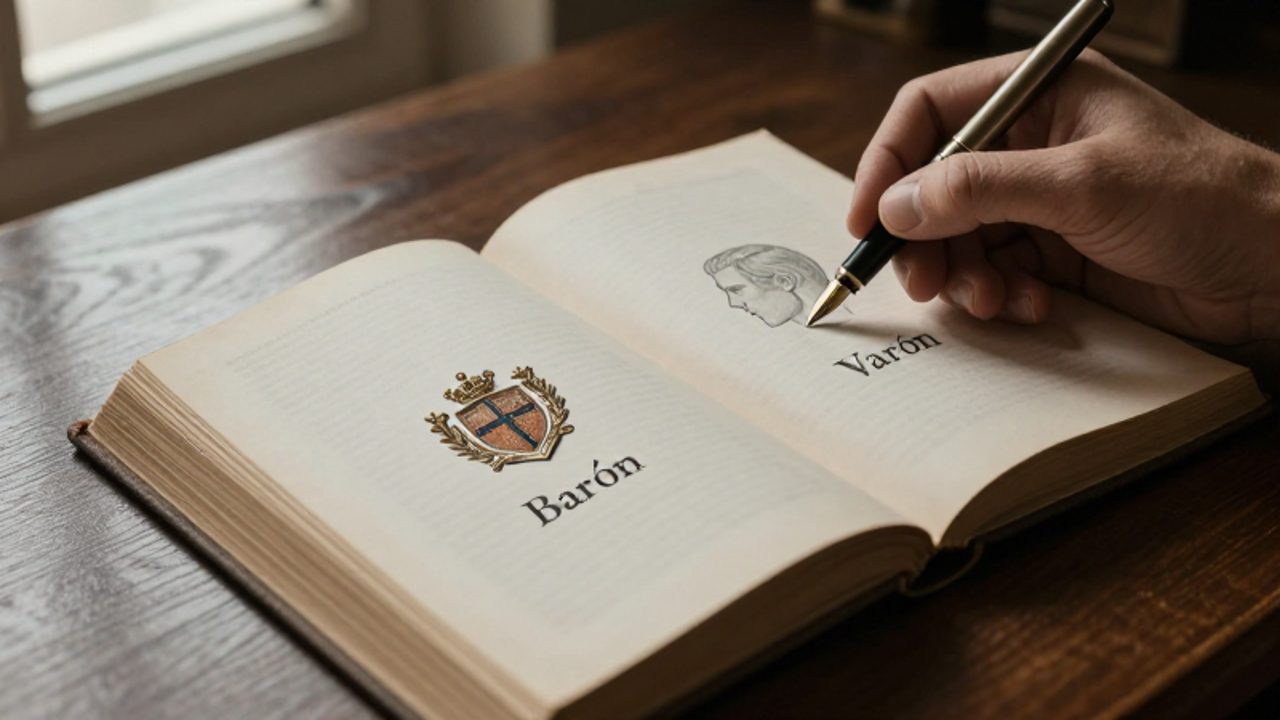 Una mano sostiene una pluma sobre un libro antiguo donde se contrastan un escudo de nobleza junto a la palabra barón y un perfil masculino junto a la palabra varón.