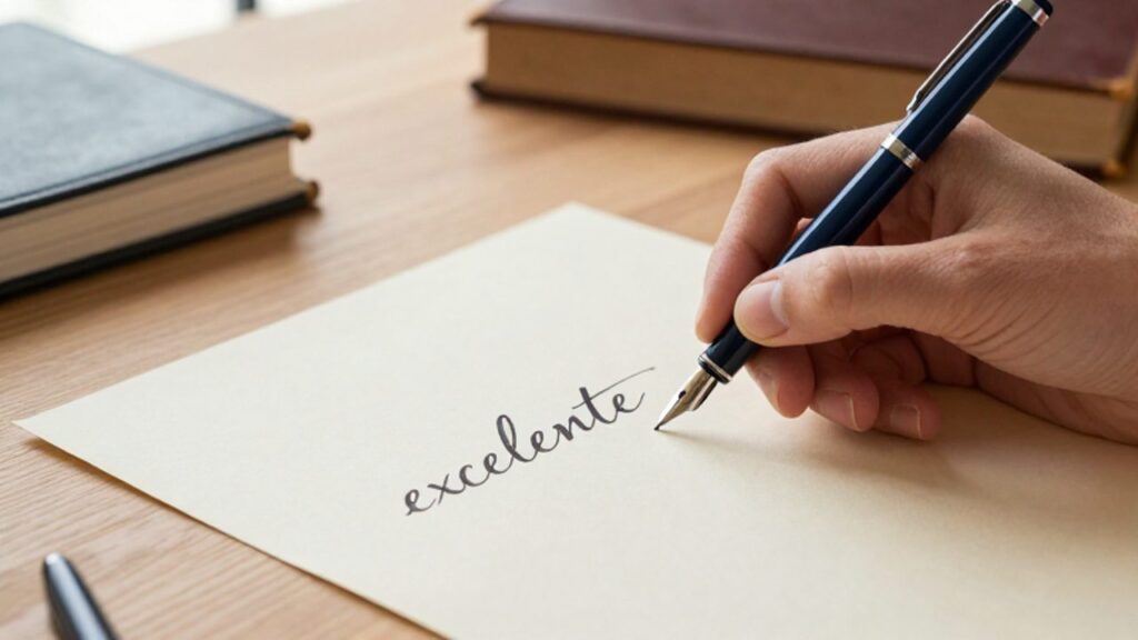 Una mano escribe la palabra "excelente" con caligrafía cursiva usando una pluma estilográfica sobre papel texturizado en un escritorio de madera.