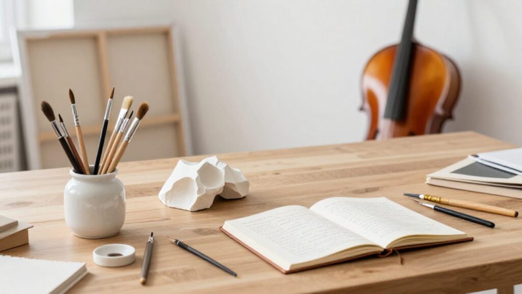 Diversas herramientas de arte, como pinceles, una escultura en proceso y un cuaderno de caligrafía, dispuestas sobre un banco de madera en un estudio luminoso.