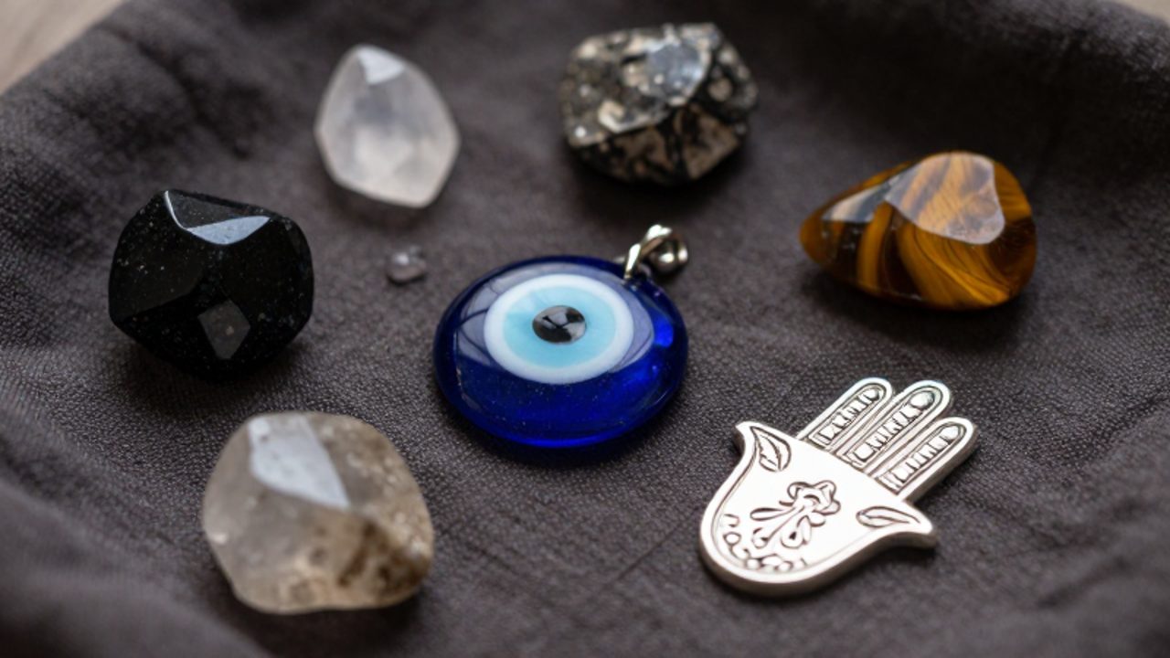 Variedad de amuletos de protección, incluyendo un ojo turco azul, una mano de Hamsa de plata y cristales de turmalina y ojo de tigre, dispuestos sobre una tela oscura.