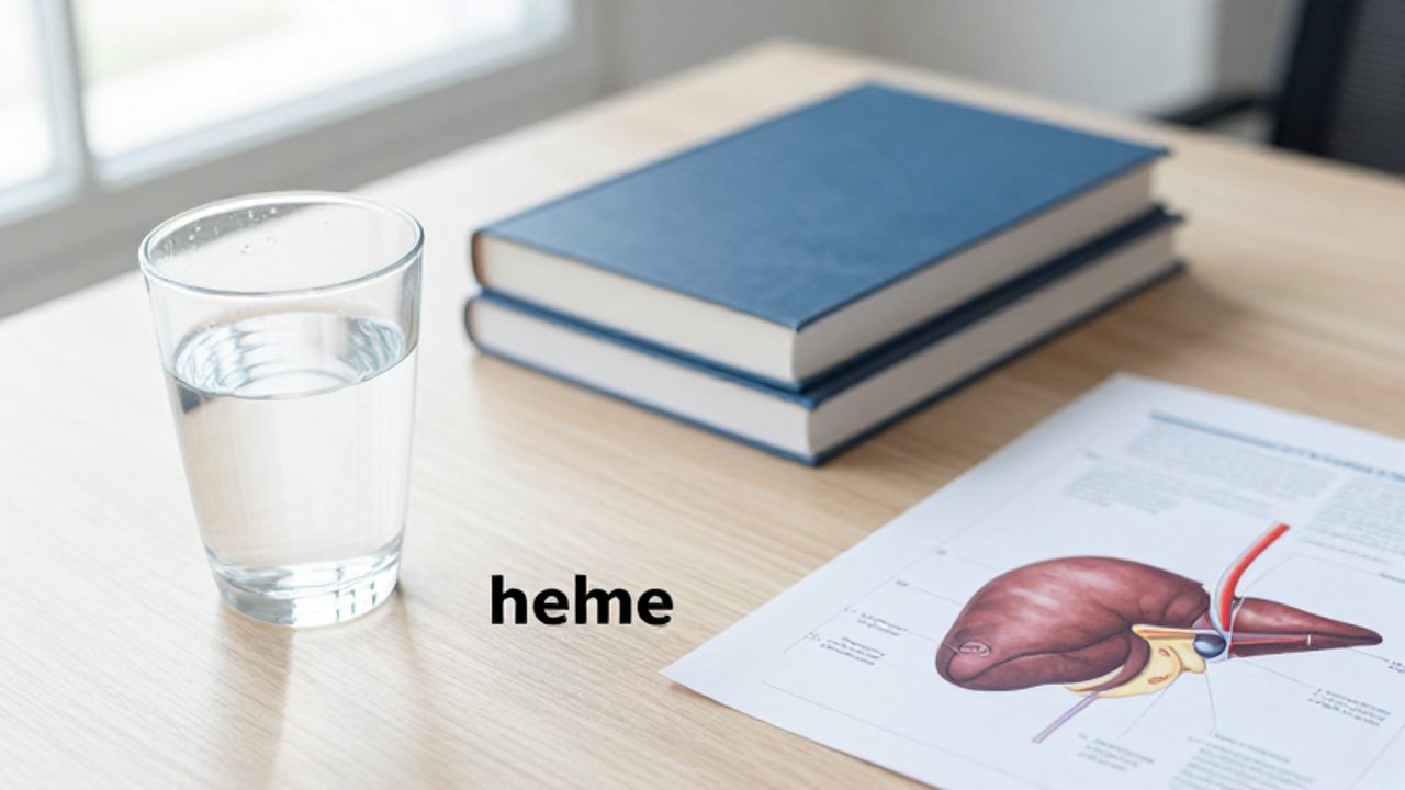 Un vaso de agua, una pila de libros y un diagrama anatómico del bazo dispuestos sobre un escritorio de madera para representar las tres palabras.