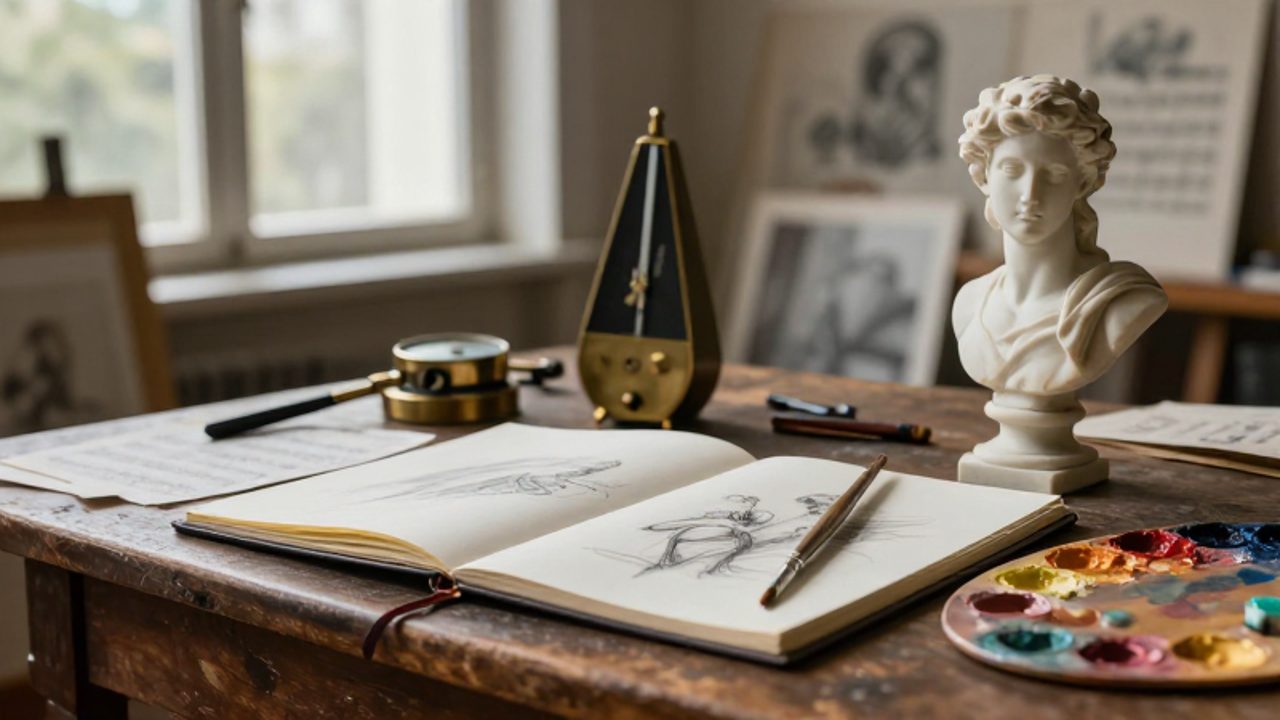 Herramientas artísticas como un cuaderno con bocetos, pinceles, óleos, una pequeña escultura de mármol y partituras musicales sobre una mesa de madera en un estudio.