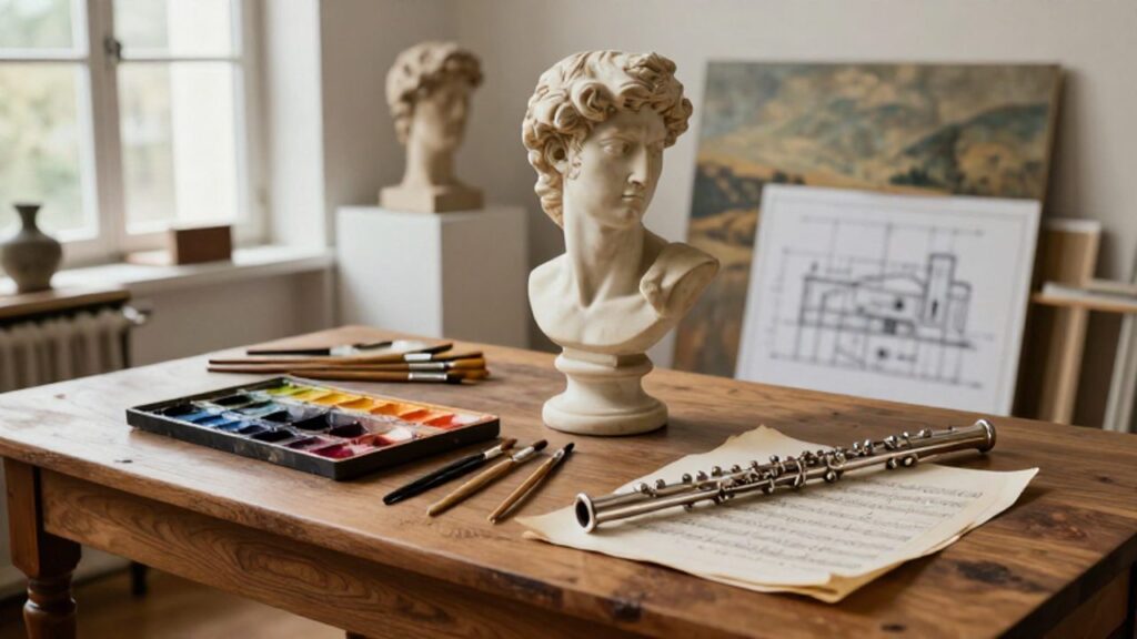 Estudio de artista con un busto de mármol, óleos, partituras musicales y un lienzo al fondo que representan diversas disciplinas artísticas.