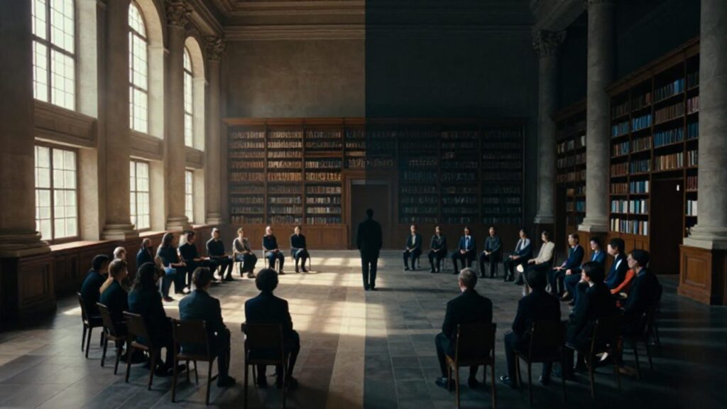 Composición dividida que contrasta una biblioteca luminosa y abierta frente a un grupo de personas en un entorno oscuro y cerrado bajo la sombra de un líder.