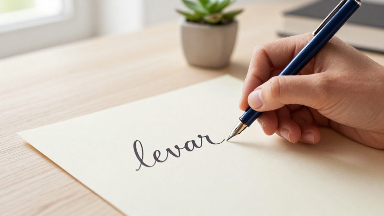 Una mano escribe la palabra "llevar" en cursiva con una pluma estilográfica sobre un papel de textura clara.