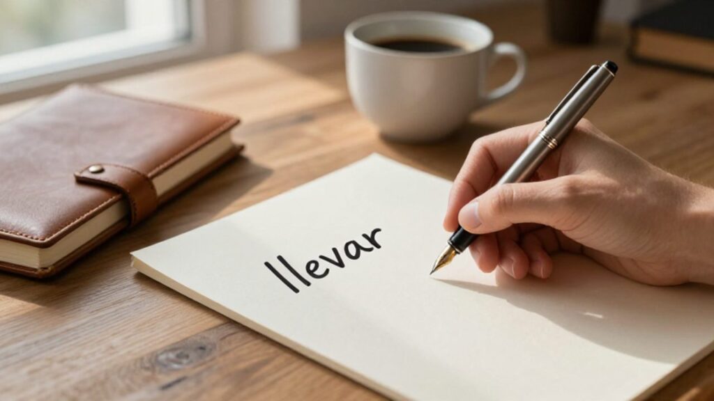 Una mano sostiene una pluma estilográfica lista para escribir la palabra "llevar" en un cuaderno sobre un escritorio de madera.
