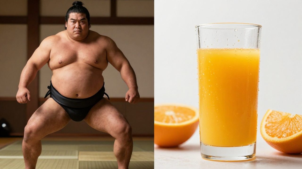 Composición dividida que muestra a un luchador de sumo japonés en un dojo frente a un vaso de zumo de naranja fresca en un entorno culinario.